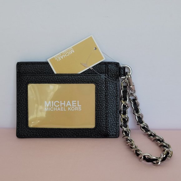 MICHAEL KORS Jet Set Small ID Pebbled Leather Chain Card Holder Case- Black⭐ - Picture 10 of 16